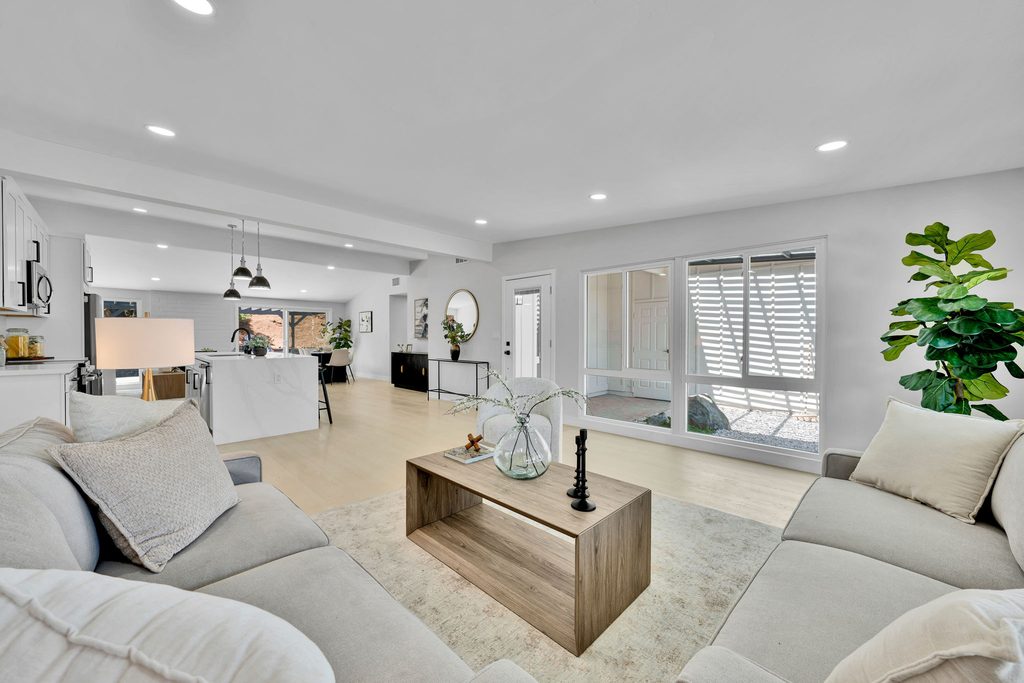 Staged living room and open-concept interior of a San Diego home